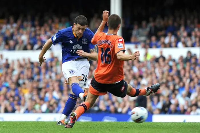 Framed Print : Everton's Ross Barkley Unleashes a Powerful Shot Against Queens Park Rangers (2011)