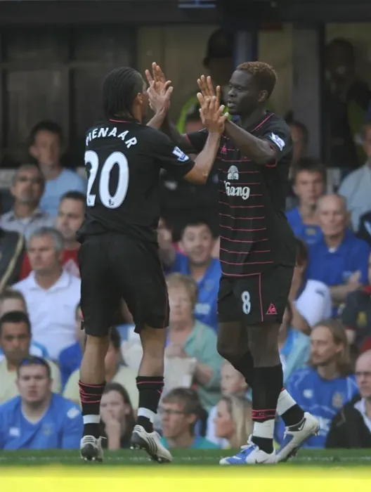 Framed Print : Everton's Saha and Pienaar: Unforgettable Celebration of Their First Goal Together Against Portsmouth in the Premier League Framed Print : Everton's Saha and Pienaar: Unforgettable Celebration of Their First Goal Together Against Portsmouth in the Premier League