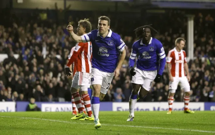 Framed Print : Everton's Seamus Coleman Scores Second in 4-0 Thrashing of Stoke City (Barclays Premier League, Goodison Park, 30-11-2013)