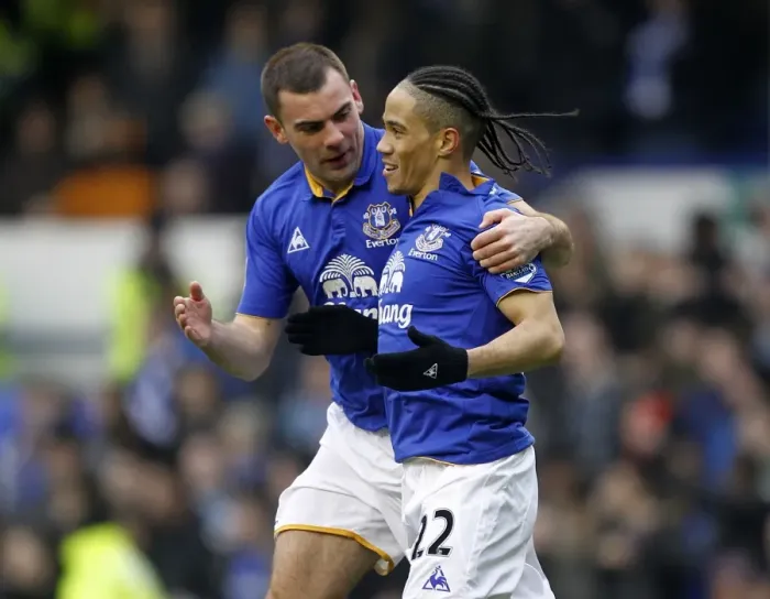 Framed Print : Everton's Steven Pienaar and Darron Gibson Celebrate First Goal Against Chelsea (February 11, 2012, Goodison Park) Framed Print : Everton's Steven Pienaar and Darron Gibson Celebrate First Goal Against Chelsea (February 11, 2012, Goodison Park)