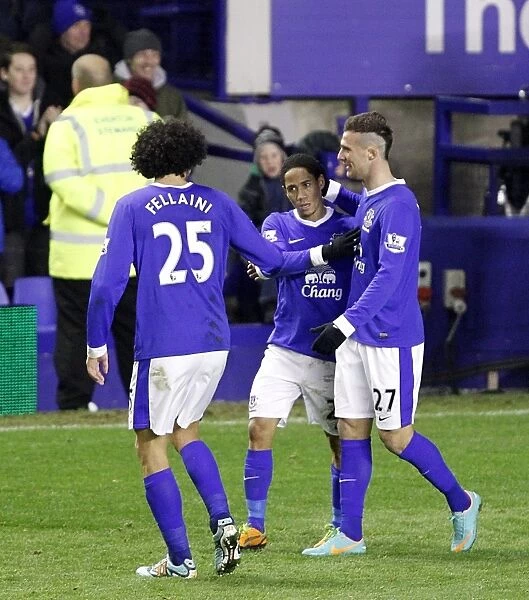 Everton's Steven Pienaar Scores and Celebrates with Fellaini and Vellios: Everton 2-1 Tottenham Hotspur (December 9, 2012)