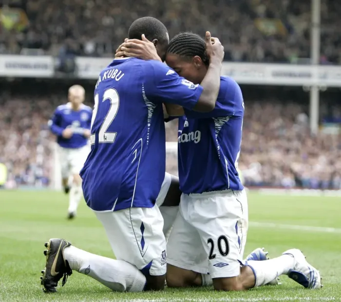 Framed Print : Everton's Steven Pienaar and Yakubu: Celebrating a Glorious Second Goal Against Middlesbrough in 2007 Framed Print : Everton's Steven Pienaar and Yakubu: Celebrating a Glorious Second Goal Against Middlesbrough in 2007