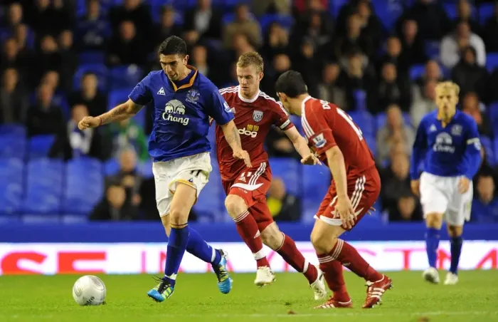 Framed Print : Everton's Stracqualursi Slips Past West Brom Defenders in Carling Cup Showdown Framed Print : Everton's Stracqualursi Slips Past West Brom Defenders in Carling Cup Showdown