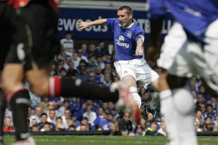 Framed Print : Evertons Stubbs shoots to score during their English Premier League soccer match against Manchester Framed Print : Evertons Stubbs shoots to score during their English Premier League soccer match against Manchester