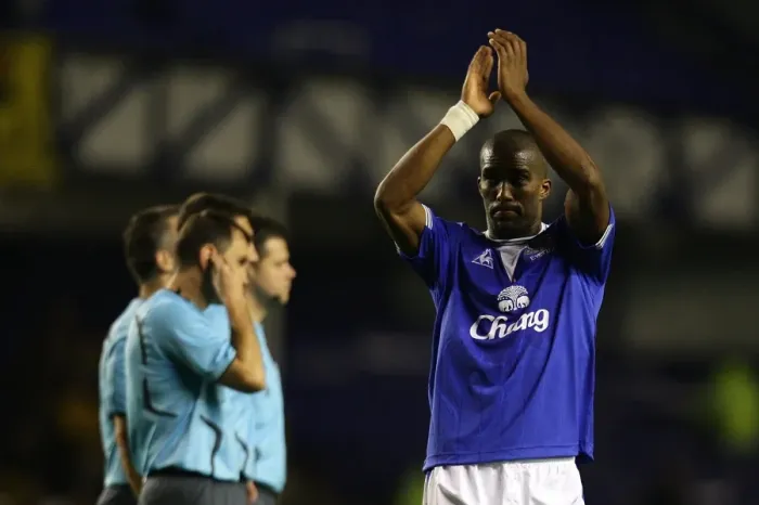 Framed Print : Everton's Sylvain Distin Celebrates Europa League Victory at Goodison Park: A Heartfelt Applause for the Faithful Fans Framed Print : Everton's Sylvain Distin Celebrates Europa League Victory at Goodison Park: A Heartfelt Applause for the Faithful Fans