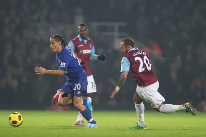 Framed Print : Everton's Thrilling Escape: Steve Pienaar Outwits Julien Faubert at Upton Park (26 December 2010)