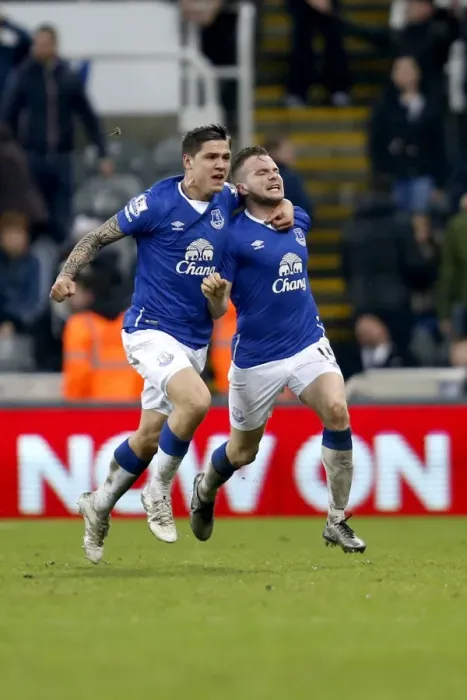 Framed Print : Everton's Thrilling Goal Celebration: Cleverly and Besic at St. James Park Framed Print : Everton's Thrilling Goal Celebration: Cleverly and Besic at St. James Park