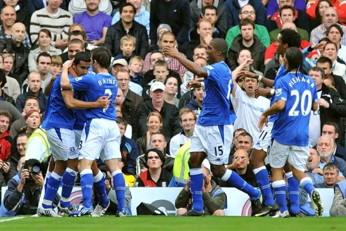 Framed Print : Everton's Tim Cahill Scores First Goal: Celebration at Craven Cottage (Fulham vs. Everton, Barclays Premier League) Framed Print : Everton's Tim Cahill Scores First Goal: Celebration at Craven Cottage (Fulham vs. Everton, Barclays Premier League)