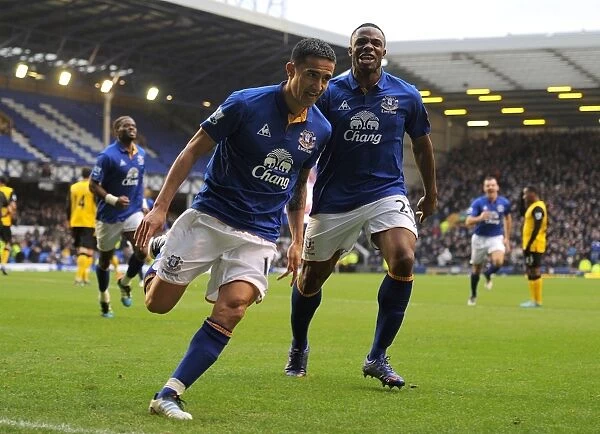 Everton's Tim Cahill and Victor Anichebe: United in Celebration after Scoring First Goal vs. Blackburn Rovers (2012)