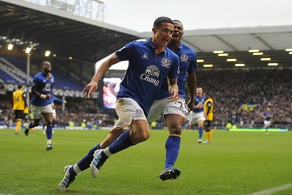Everton's Tim Cahill and Victor Anichebe Celebrate First Goal Against Blackburn Rovers (21 January 2012, Goodison Park)
