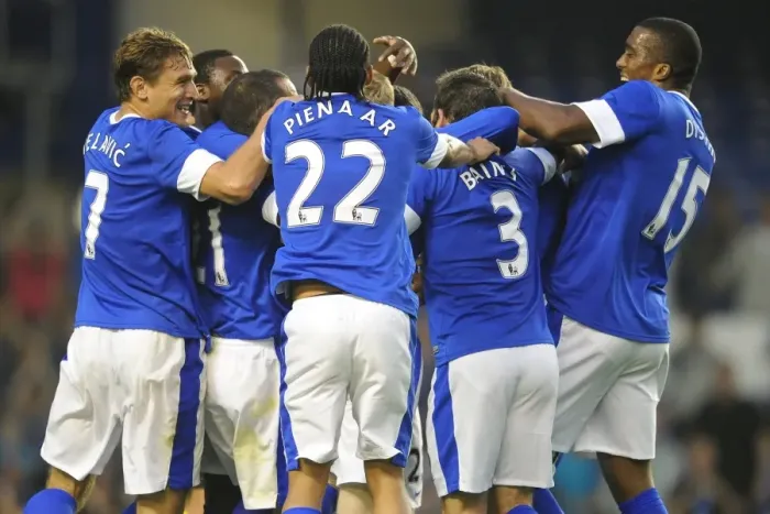Framed Print : Everton's Tony Hibbert Celebrates Euphoric Goal Surrounded by Jubilant Team Mates (Everton vs AEK Athens, Pre-Season Friendly, Goodison Park) Framed Print : Everton's Tony Hibbert Celebrates Euphoric Goal Surrounded by Jubilant Team Mates (Everton vs AEK Athens, Pre-Season Friendly, Goodison Park)