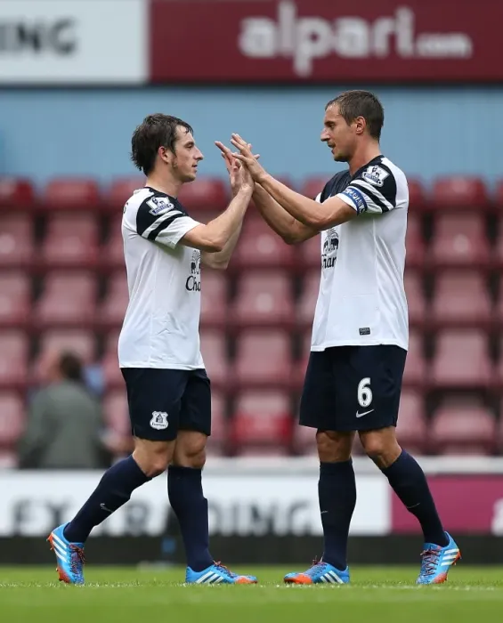 Framed Print : Everton's Triumph: Baines and Jagielka's Jubilant Moment at Upton Park after Everton's 3-2 Victory over West Ham United (September 21, 2013, Barclays Premier League) Framed Print : Everton's Triumph: Baines and Jagielka's Jubilant Moment at Upton Park after Everton's 3-2 Victory over West Ham United (September 21, 2013, Barclays Premier League)