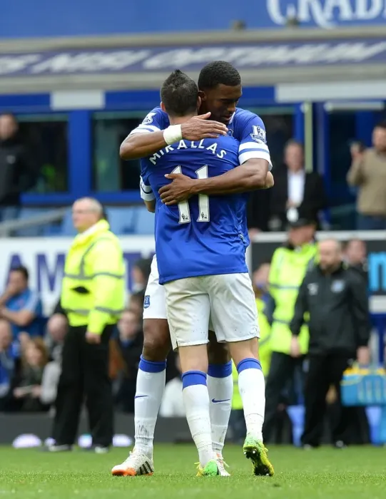 Framed Print : Everton's Triumph: Mirallas and Distin's Embrace - Everton's 3-0 Victory Over Arsenal (Barclays Premier League, Goodison Park, 06-04-2014)