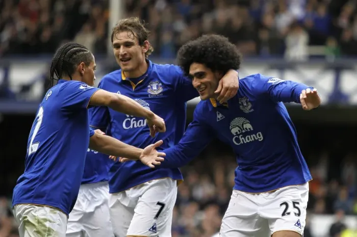 Framed Print : Everton's Triumph: Fellaini, Jelavic, and Pienaar Celebrate Second Goal vs. Fulham (April 2012)