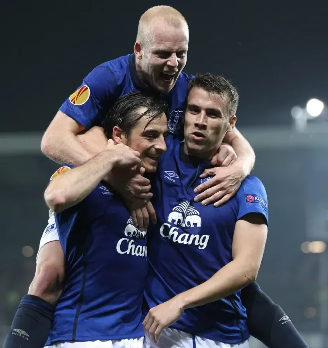 Framed Print : Everton's Triumphant Trio: Coleman, Baines, and Naismith Celebrate Europa League Goals vs. Wolfsburg and Krasnodar Framed Print : Everton's Triumphant Trio: Coleman, Baines, and Naismith Celebrate Europa League Goals vs. Wolfsburg and Krasnodar