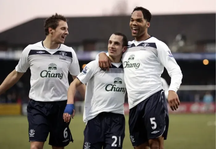 Framed Print : Everton's Triumphant Trio: Osman, Lescott, Jagielka Celebrate First Goal vs. Macclesfield Town (2009) FA Cup Third Round Framed Print : Everton's Triumphant Trio: Osman, Lescott, Jagielka Celebrate First Goal vs. Macclesfield Town (2009) FA Cup Third Round
