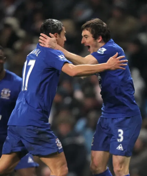 Framed Print : Everton's Unforgettable Double Strike: Tim Cahill and Leighton Baines Euphoric Celebration (December 2010)