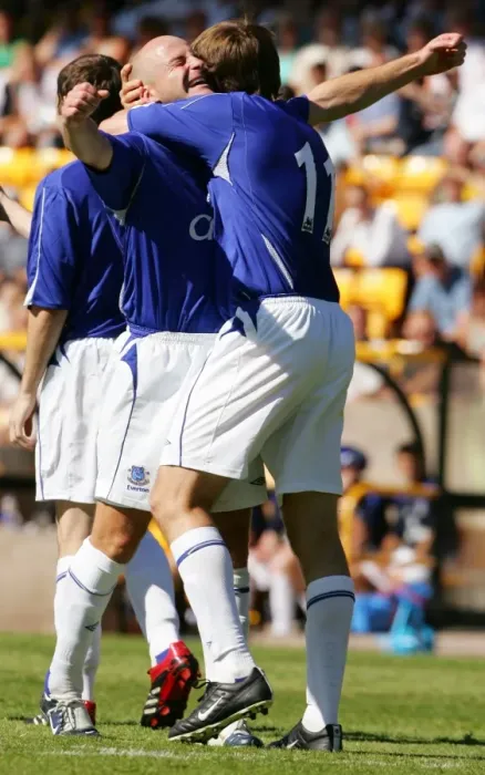 Framed Print : Everton's Unforgettable Goal Celebration: Kilbane and Carsley's Emotional Moment Framed Print : Everton's Unforgettable Goal Celebration: Kilbane and Carsley's Emotional Moment