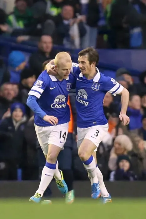 Framed Print : Everton's Unforgettable Goal: Naismith and Baines Emotional Celebration (Everton 2-1 Aston Villa, 01-02-2014)