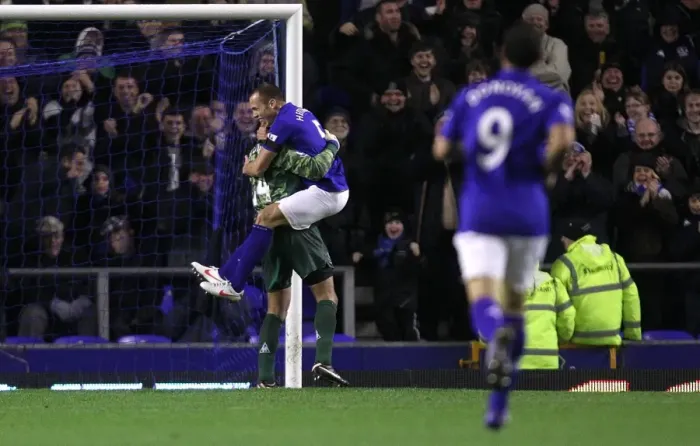 Framed Print : Everton's Unforgettable Goalkeeper Goal: Tim Howard Scores, Players Celebrate in Euphoria at Goodison Park (Everton vs. Bolton Wanderers, Barclays Premier League, 04 January 2012)