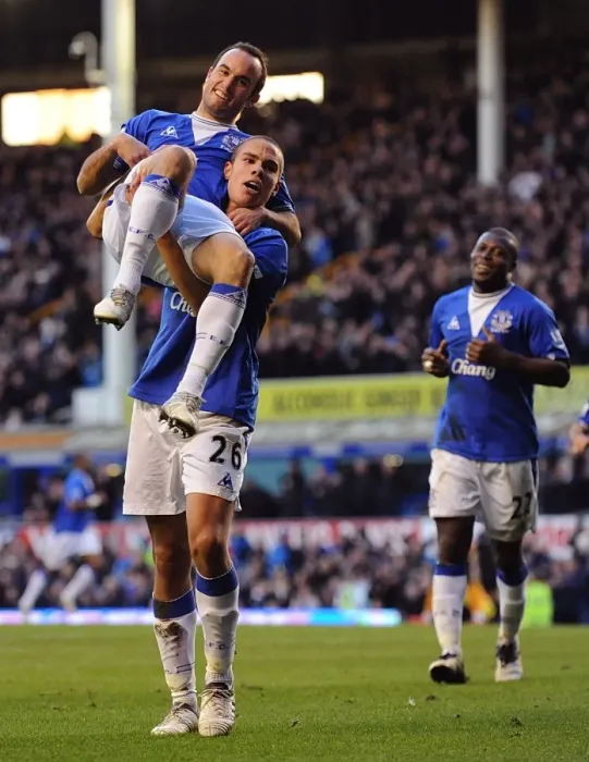 Framed Print : Everton's Unforgettable Moment: Donovan's Fourth Goal Celebration with Rodwell at Goodison Park Framed Print : Everton's Unforgettable Moment: Donovan's Fourth Goal Celebration with Rodwell at Goodison Park