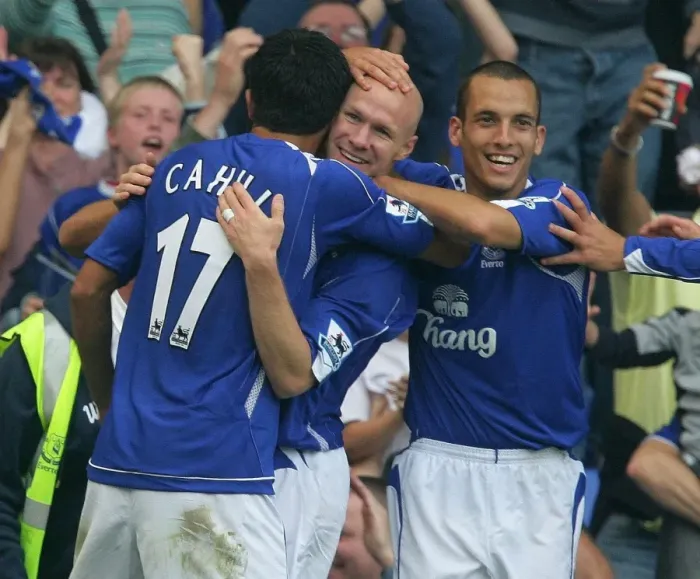 Framed Print : Everton's Unforgettable Moment: Johnson, Cahill, and Osman Celebrate First Goal Framed Print : Everton's Unforgettable Moment: Johnson, Cahill, and Osman Celebrate First Goal