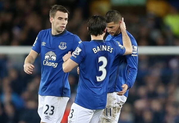 Everton's Unforgettable Moment: Mirallas, Baines, and Coleman's Triumphant Celebration after Scoring Second Goal vs. Queens Park Rangers
