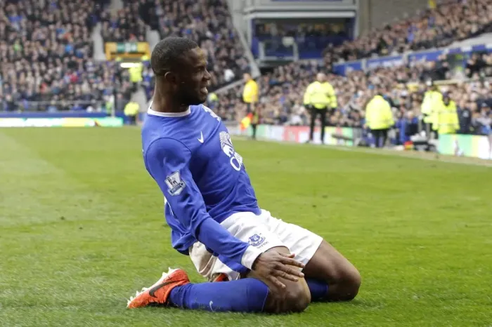 Framed Print : Everton's Victor Anichebe Celebrates Second Goal Against Queens Park Rangers (13-04-2013) Framed Print : Everton's Victor Anichebe Celebrates Second Goal Against Queens Park Rangers (13-04-2013)