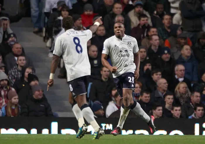 Framed Print : Everton's Victor Anichebe and Louis Saha: Celebrating Their First Goals Union at Aston Villa (January 14, 2012)