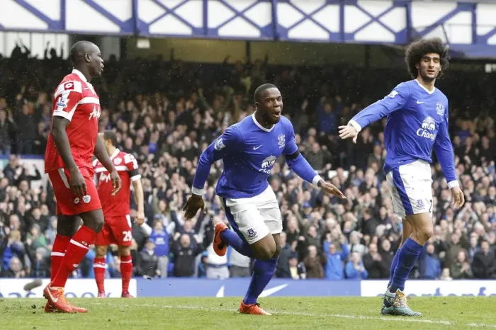 Framed Print : Everton's Victor Anichebe and Marouane Fellaini Celebrate as QPR's Christopher Samba Looks On - Everton 2-0 QPR (Goodison Park, 13-04-2013) Framed Print : Everton's Victor Anichebe and Marouane Fellaini Celebrate as QPR's Christopher Samba Looks On - Everton 2-0 QPR (Goodison Park, 13-04-2013)