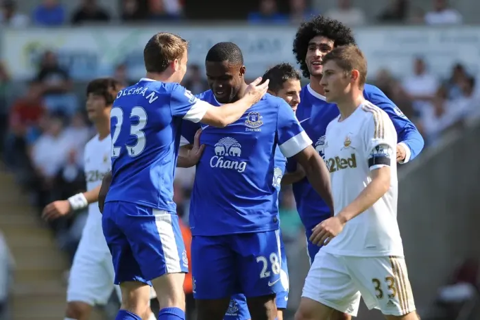 Framed Print : Everton's Victor Anichebe and Seamus Coleman: Celebrating Goals Against Swansea City in the Premier League (Swansea City 0 - Everton 3) Framed Print : Everton's Victor Anichebe and Seamus Coleman: Celebrating Goals Against Swansea City in the Premier League (Swansea City 0 - Everton 3)