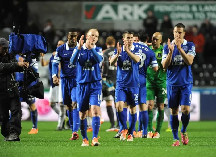Framed Print : Everton's Victory Celebration: Jagielka, Distin, Naismith, and Coleman with Fans (Swansea 1-2 Everton, December 2013) Framed Print : Everton's Victory Celebration: Jagielka, Distin, Naismith, and Coleman with Fans (Swansea 1-2 Everton, December 2013)