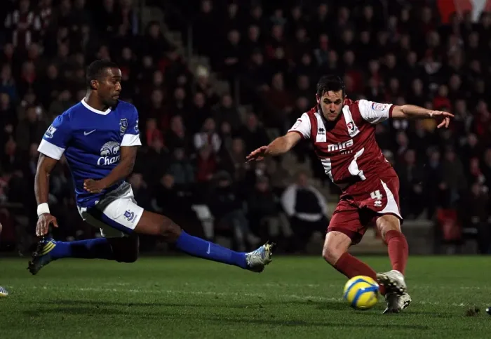 Framed Print : FA Cup Third Round: Sylvain Distin Saves Everton from Darren Carter's Shot (Cheltenham Town 1-5 Everton, Whaddon Road, 07-01-2013) Framed Print : FA Cup Third Round: Sylvain Distin Saves Everton from Darren Carter's Shot (Cheltenham Town 1-5 Everton, Whaddon Road, 07-01-2013)