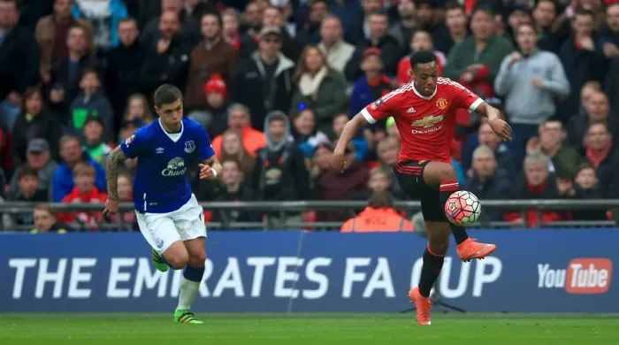 Framed Print : FA Cup Semi-Final Showdown: Everton vs Manchester United at Wembley Stadium - Martial's Manchester United Take On Everton's Challenge