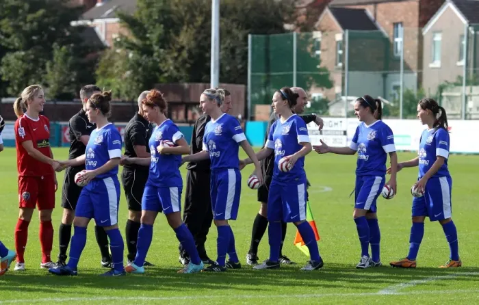 Framed Print : FA WSL: Everton Ladies and Bristol Academy Women Pre-Match Handshake at Arriva Stadium (October 7, 2012) Framed Print : FA WSL: Everton Ladies and Bristol Academy Women Pre-Match Handshake at Arriva Stadium (October 7, 2012)