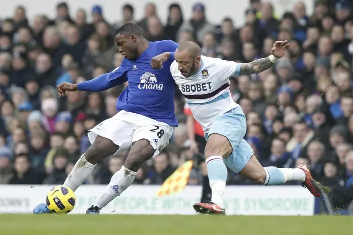 Framed Print : Faubert vs. Anichebe: A Battle at Goodison Park - Everton vs. West Ham United, Barclays Premier League (22 January 2011)