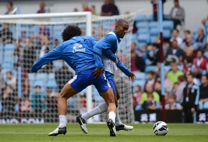 Framed Print : Fellaini vs. Distin: Intense Rivalry Unfolds in Everton's Warm-Up at Villa Park Framed Print : Fellaini vs. Distin: Intense Rivalry Unfolds in Everton's Warm-Up at Villa Park