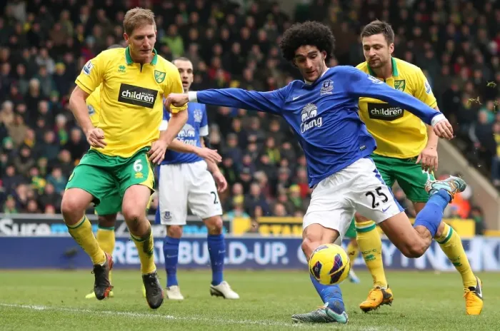 Framed Print : Fellaini's Determined Shot: Norwich City vs. Everton, Premier League (Feb 2013)