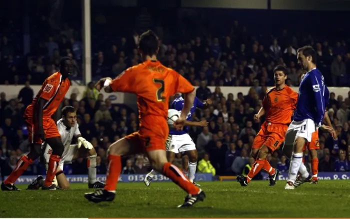 Framed Print : Football - Everton v Luton Town -Goodison Park - 24 / 10 / 06 Evertons James McFadden scores the third goal against Framed Print : Football - Everton v Luton Town -Goodison Park - 24 / 10 / 06 Evertons James McFadden scores the third goal against