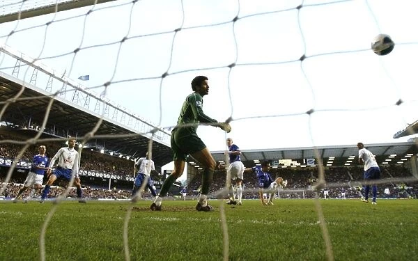 Football - Everton v Portsmouth - Barclays Premier League - Goodison Park - 07 / 08 - 2 / 3 / 08 Tim Cahill (2nd R) scores the second goal for Everton, beating Portsmouth goalkeeper David James Mandatory Credit: Action Images  /  Keith Williams