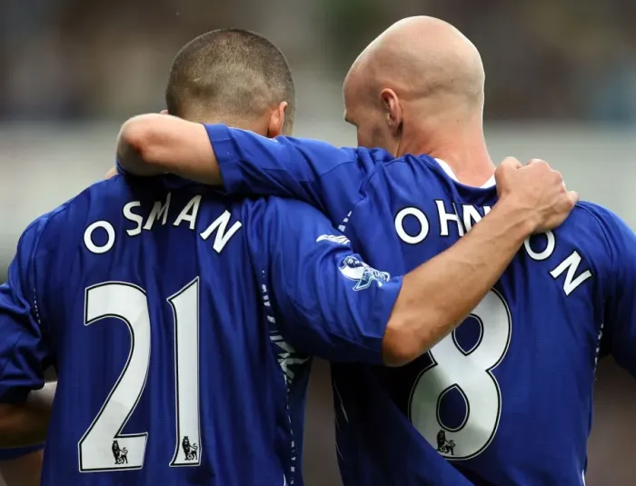 Framed Print : Football - Everton v Wigan Athletic FA Barclays Premier League - Goodison Park - 11 / 8 / 07 Leon Osman celebrates with Andy Johnson after Osman scores the first goal Mandatory Credit: Action Images / Carl Framed Print : Football - Everton v Wigan Athletic FA Barclays Premier League - Goodison Park - 11 / 8 / 07 Leon Osman celebrates with Andy Johnson after Osman scores the first goal Mandatory Credit: Action Images / Carl