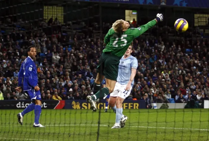 Framed Print : Football - Manchester City v Everton Barclays Premier League - The City of Manchester Stadium - 25  /  2  /  08 Evertons Joleon Lescott (L) scores his teams second goal Mandatory Credit: Action Images  /  Jason Cairnduff Livepic