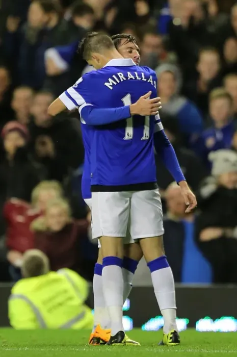 Framed Print : Four-Goal Blitz: Mirallas and Oviedo Celebrate Everton's Dominance Over Fulham (14-12-2013) Framed Print : Four-Goal Blitz: Mirallas and Oviedo Celebrate Everton's Dominance Over Fulham (14-12-2013)