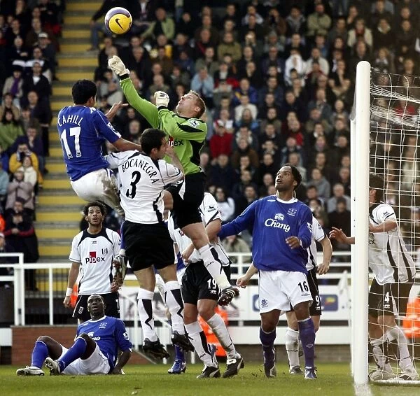 Fulham v Everton 4  /  11  /  06 Fulhams Antti Niemi clears the ball under pressure