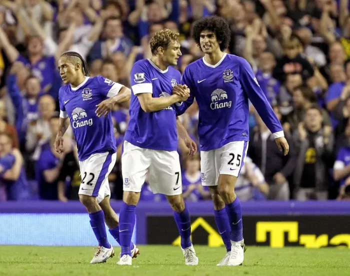 Framed Print : Glory Days: Fellaini and Jelavic Celebrate Everton's Historic First Goal Against Manchester United (Everton 1 - Manchester United 0, Goodison Park, 20-08-2012)
