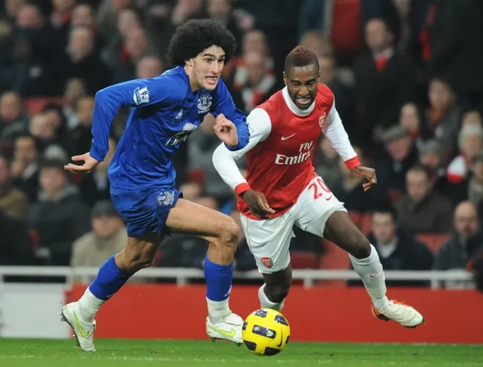 Framed Print : Intense Battle for Ball Possession: Fellaini vs. Djourou - Arsenal vs. Everton, Barclays Premier League (February 2011)