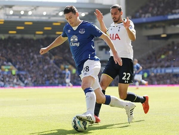 Intense Battle for Ball Possession: Gareth Barry vs. Nacer Chadli - Everton vs. Tottenham, Premier League, Goodison Park