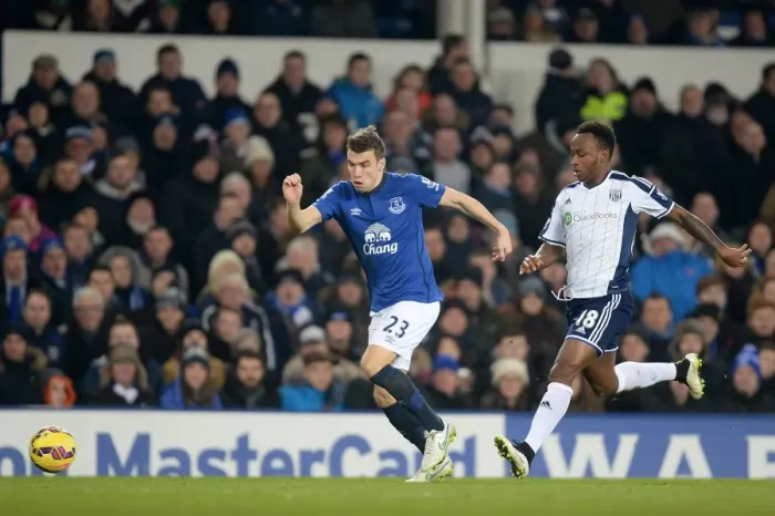 Framed Print : Intense Battle for Ball Possession: Seamus Coleman vs. Saido Berahino - Everton vs. West Bromwich Albion, Premier League Framed Print : Intense Battle for Ball Possession: Seamus Coleman vs. Saido Berahino - Everton vs. West Bromwich Albion, Premier League