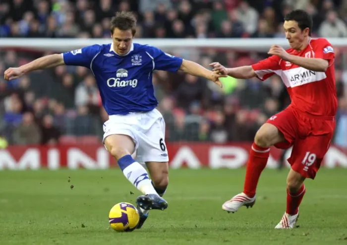 Framed Print : Intense Battle: Downing vs Jagielka - Middlesbrough vs Everton (08 / 09), Barclays Premier League Framed Print : Intense Battle: Downing vs Jagielka - Middlesbrough vs Everton (08 / 09), Barclays Premier League