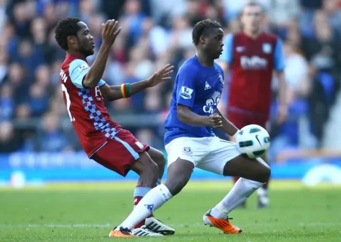 Framed Print : Intense Battle for Possession: Magaye Gueye vs Jean Makoun (Everton vs Aston Villa, Barclays Premier League, Goodison Park, 04 April 2011) Framed Print : Intense Battle for Possession: Magaye Gueye vs Jean Makoun (Everton vs Aston Villa, Barclays Premier League, Goodison Park, 04 April 2011)